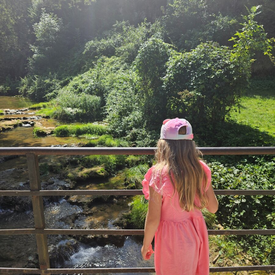 Child looking from the railing at the stream in the Jura