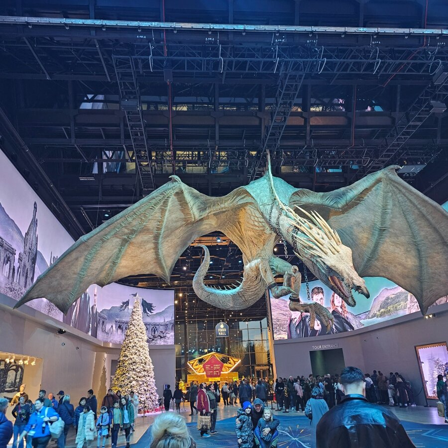 Dragon above the hall with a Christmas tree at the Studio Tour
