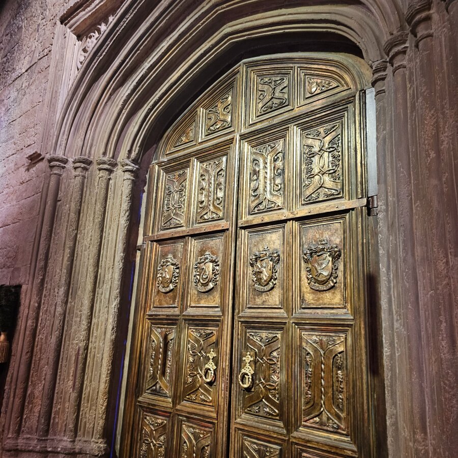Heavy wooden doors of the Great Hall at the Studio Tour