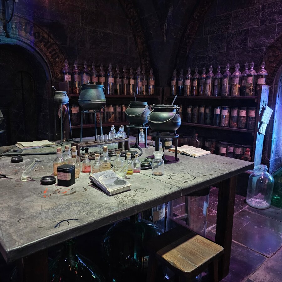 The potions classroom with cauldrons and bottles at the Studio Tour