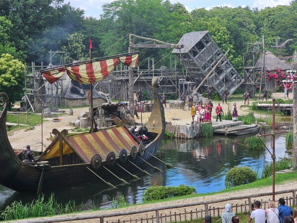 Viking longship during the show on the water at Puy du Fou