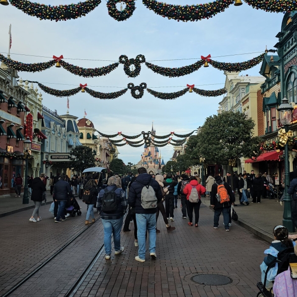Main Street USA with Christmas decorations at Disneyland Paris