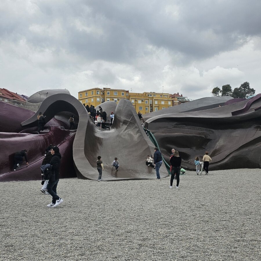 Play structure at Parc Gulliver in Valencia under a grey sky