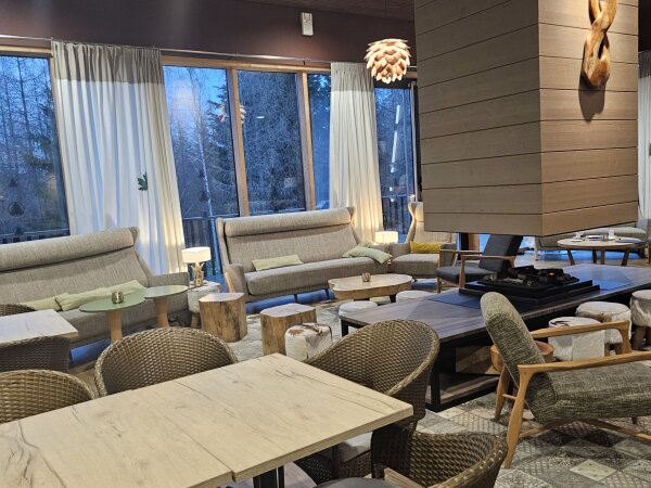 The lounge at the Forest Lodge with sofas around a central fireplace and tall windows onto the winter forest.