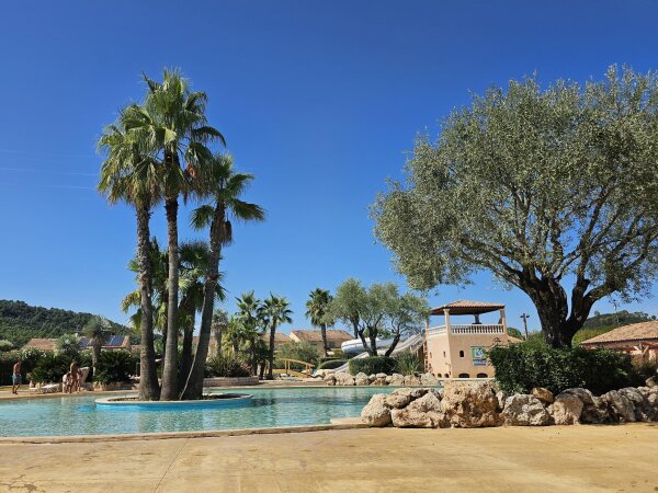 Outdoor pool at Le Clos des Oliviers with a palm island in the middle and two water slides behind it