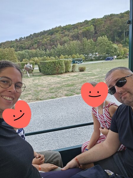 Selfie in the open safari car at the Han wildlife park, with the children's faces covered by hearts